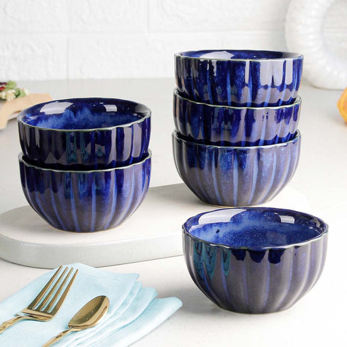 Blue Ribbed Ceramic Bowl Set of 6, 320ML
